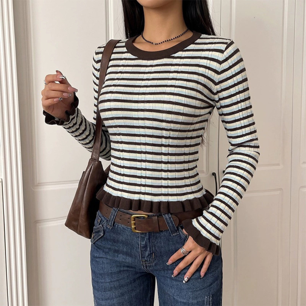Womens Fall Striped Color Block Crew Neck Long Sleeve Slim Fit Sweater